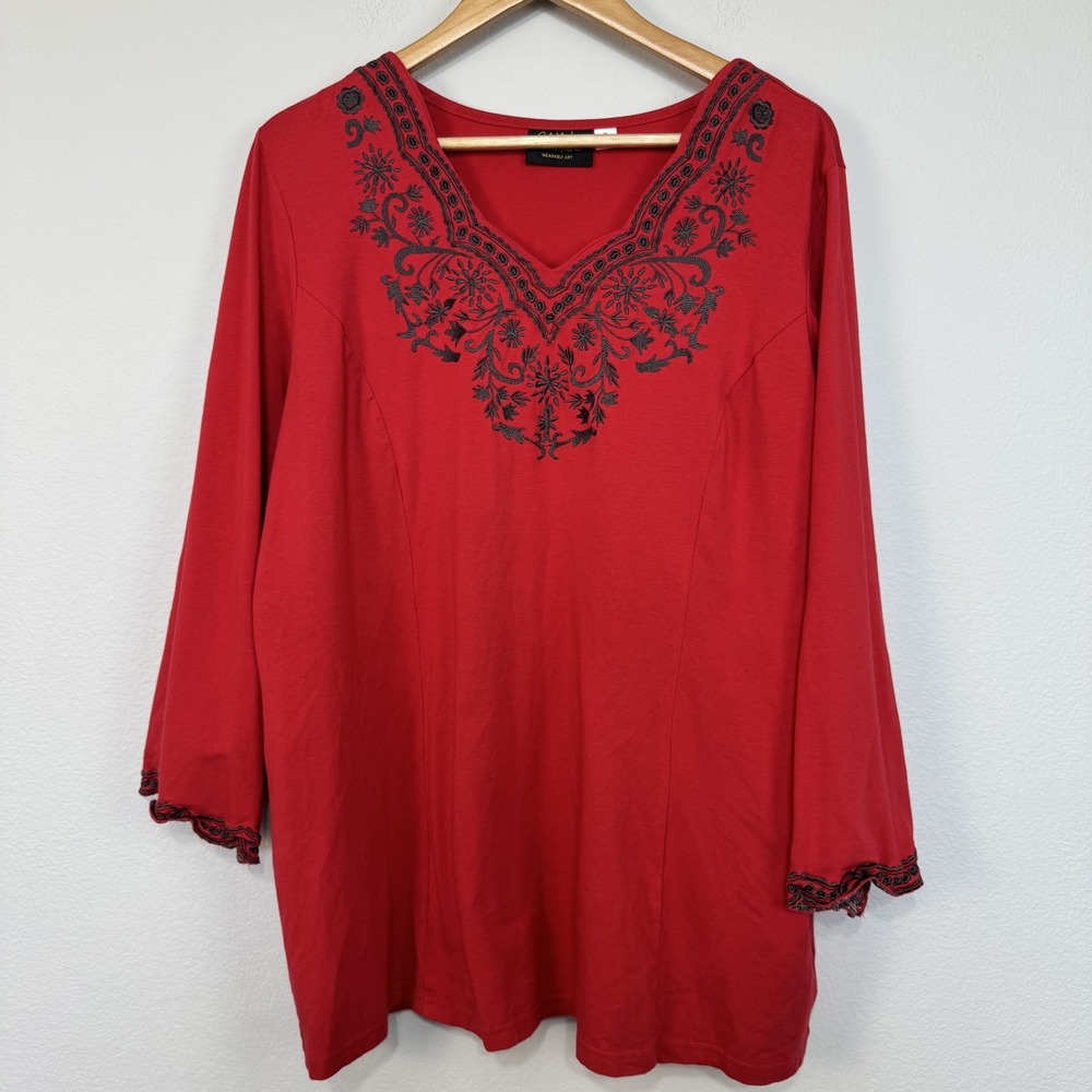 Bob Mackie Shirt Womens XL Red Gray Embroidered Tunic Top Long Sleeve Boho‎ Art